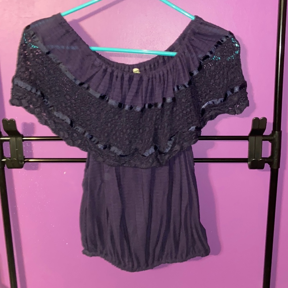 Free People Size Small Purple Crochet Detail Elastic Waist Top